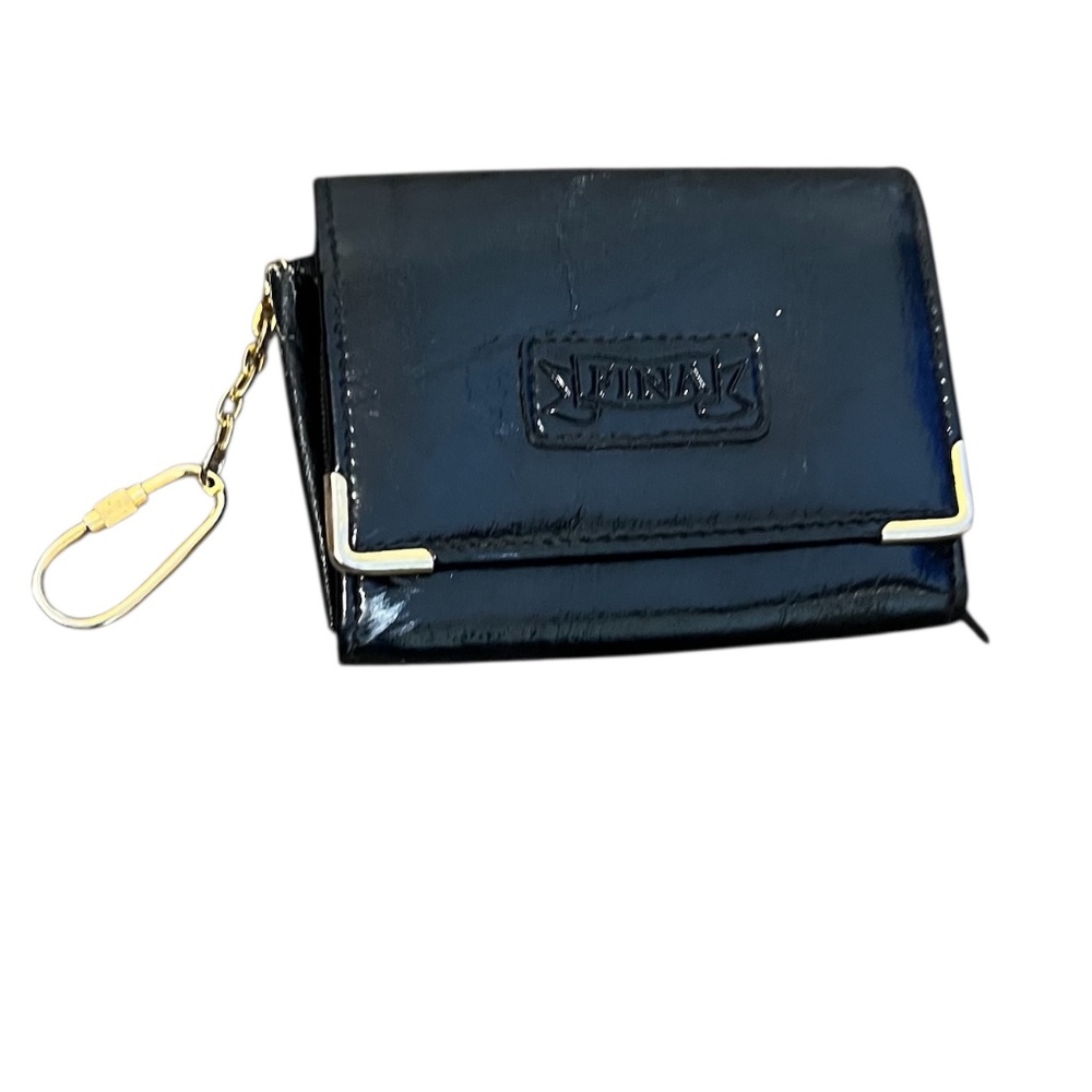 Via Fina black patent leather tri-fold wallet gold-tone hardware &  keychain